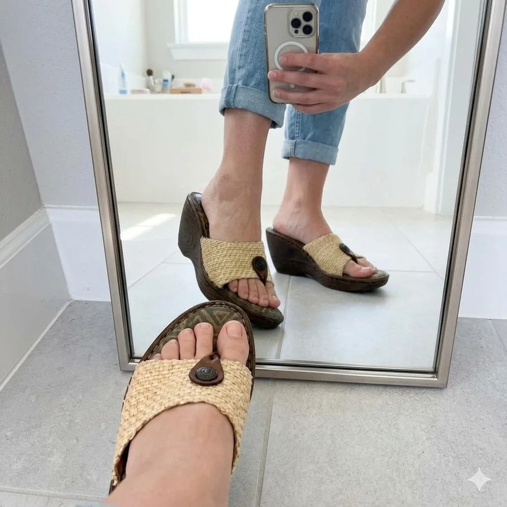 Born 9 Wedge Sandals Womens Brown‎ Tan Good Woven Straw Paisley Boho Platform